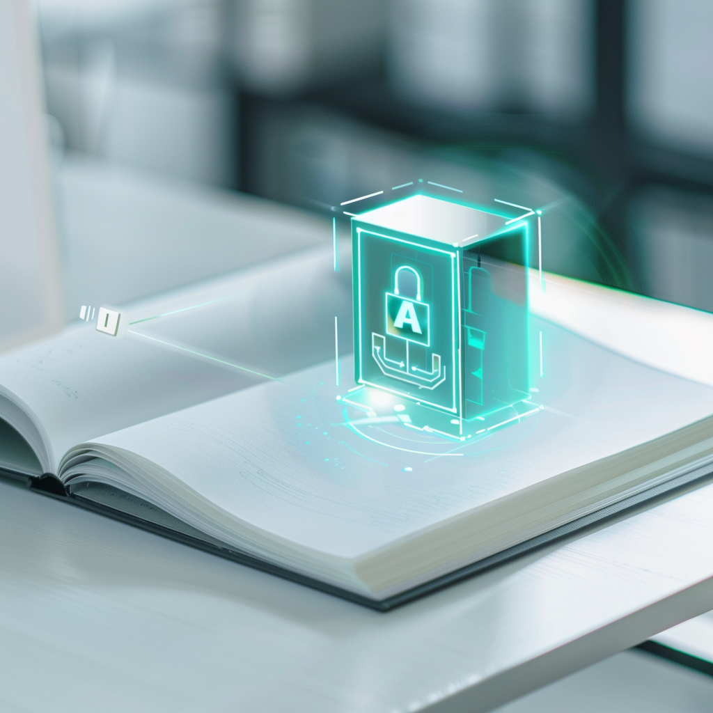 Minimalist open notebook on a white desk with a glowing teal lock hologram hovering above, representing AI Unlocked training for beginners.