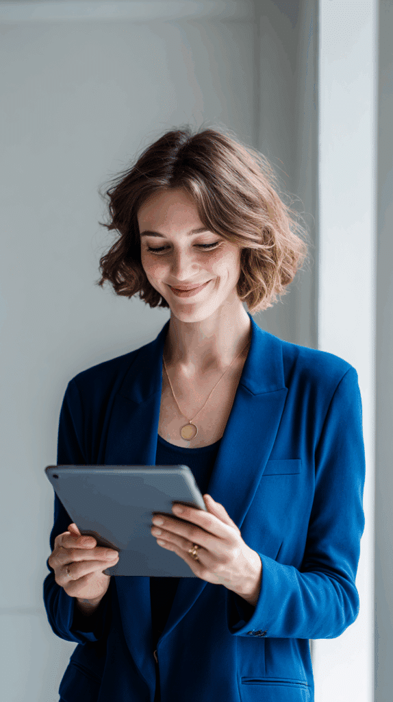 Smiling female entrepreneur looking at a tablet with a teal screen glow, representing successful business automation.